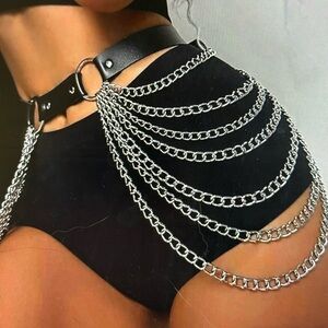 Black Leather Belt with Silver Chain Accents